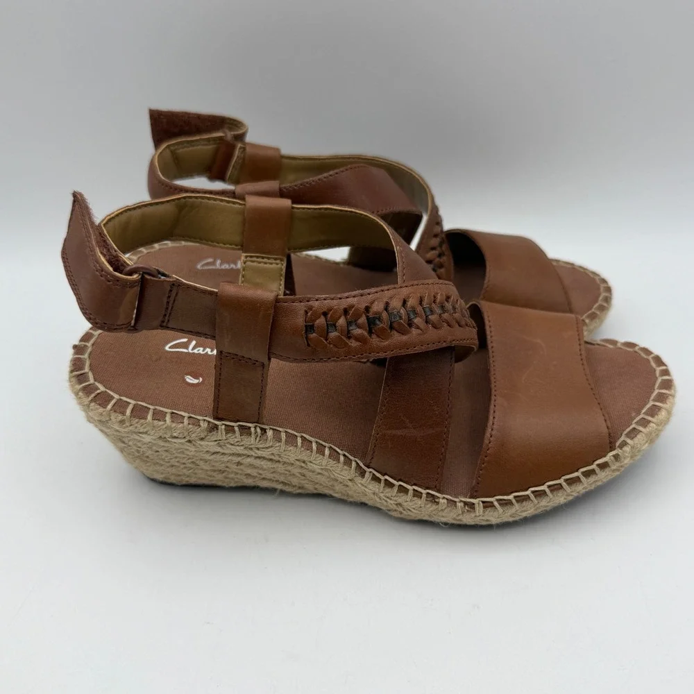 Clarks Unstructured Wedge Sandals Womens 6 Brown Leather Espadrille‎ Whipstitch
